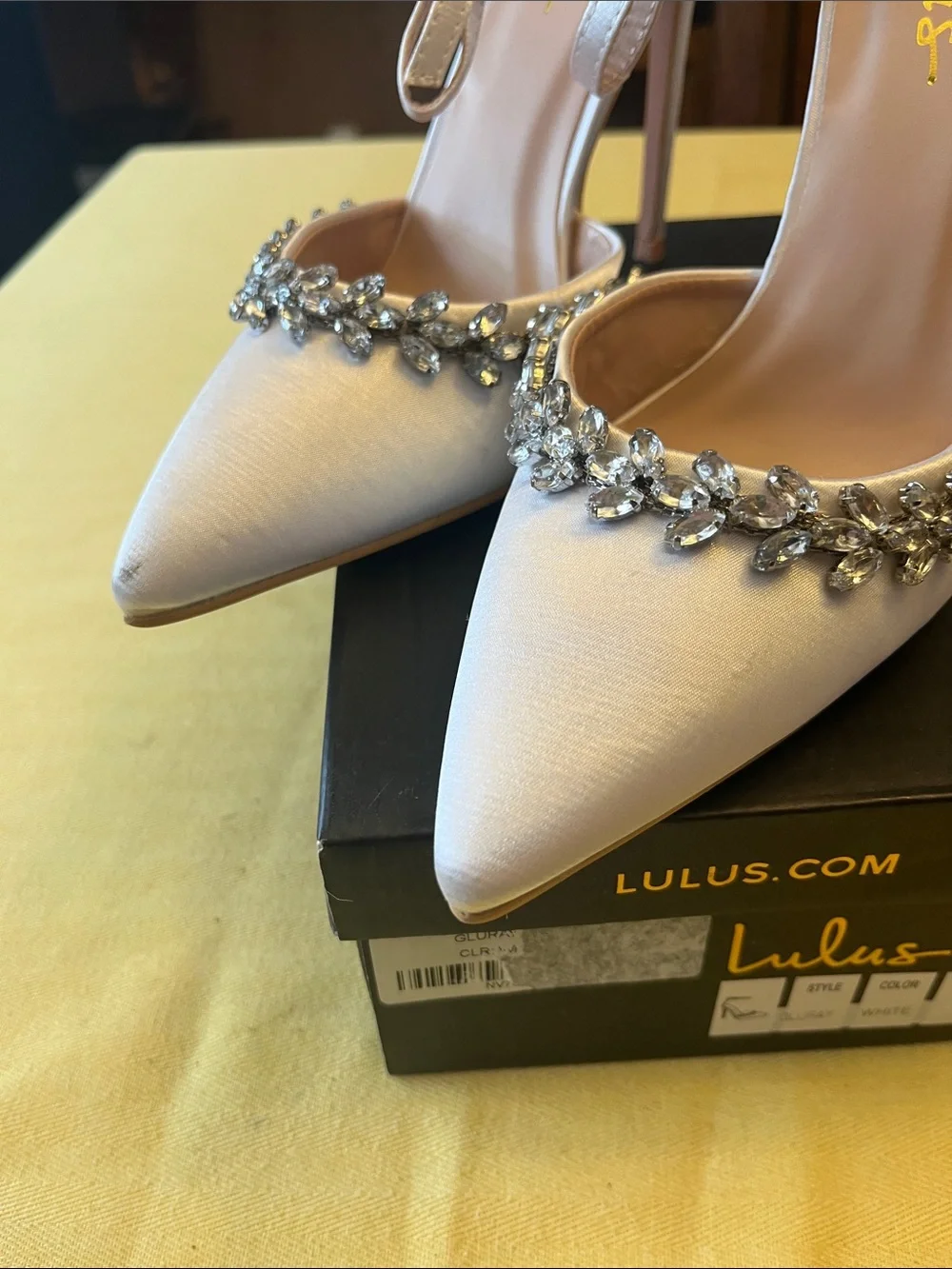 Lulu's Satin White Pointed-Toe Jeweled Slingback Heels